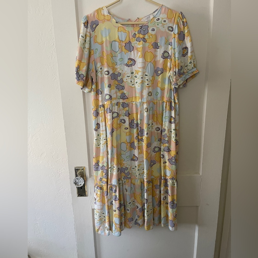 LOFT pastel floral midi Easter dress woman’s size 14 puff sleeve boho cottage
